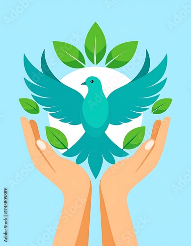 Hands holding a dove, surrounded by leaves
