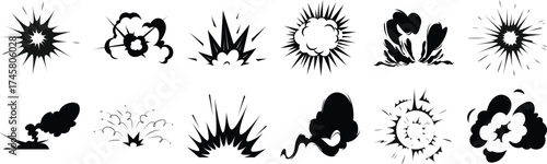 Collection of Black and White Comic Book Style Explosion and Burst Graphics