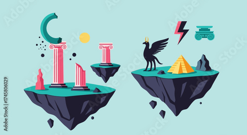 Fantasy floating islands with architectural elements and mythical creatures.