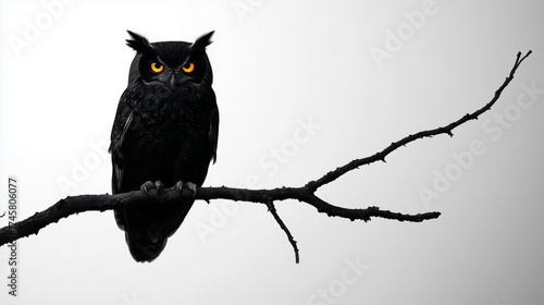 Black Owl with Glowing Eyes Perched on Branch Isolated on White Background.