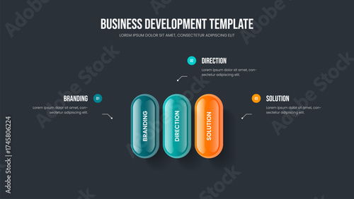 Service Solution Three Element Infographic Frame Template. Financial Development 3 Step Diagram Slideshow Layout. Enterprise Showcase Presentation Design Vector Illustration.