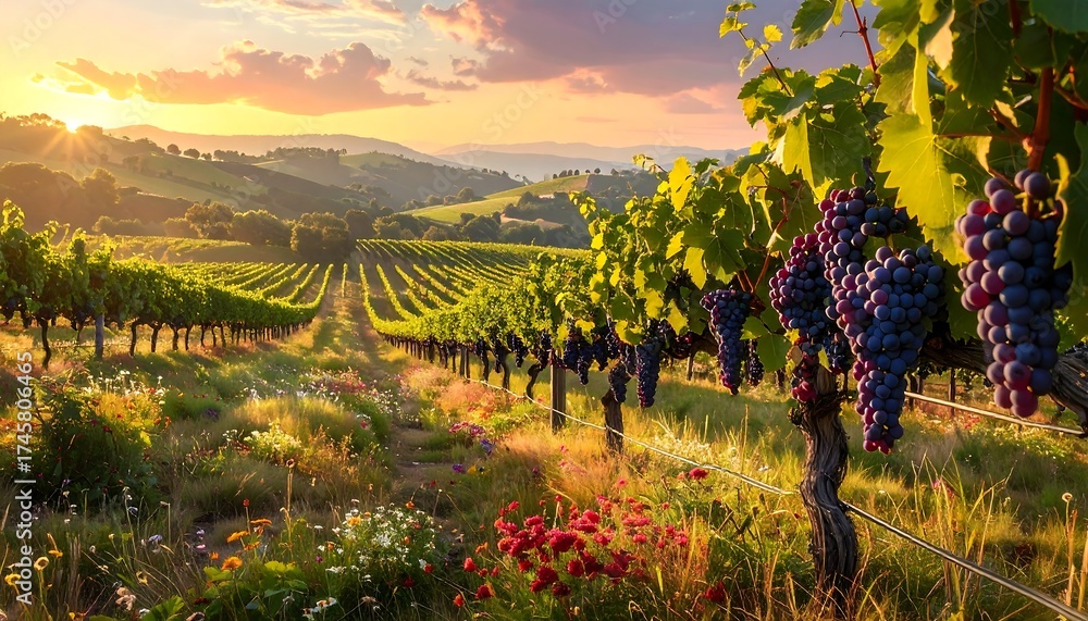 Obraz premium Stunning Vineyard Landscape at Sunset with Lush Grapes and Green Vines