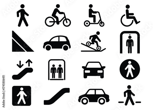Collection of urban mobility and transportation icons in vector format featuring pedestrian bicycle scooter wheelchair car subway bus and elevator silhouettes for modern city design and accessibility 