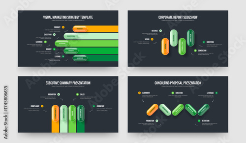 Financial Visualization 5 4 Step Infographic Slide Template Bundle. Market Growth Five Four Element Diagram Slideshow Layout Vector Illustration Set.