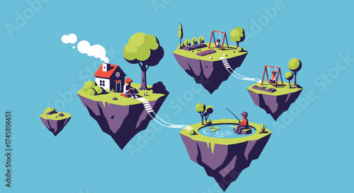 Floating Islands Connected by Bridges in a Fantasy World.