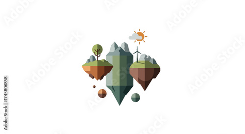 Floating Islands with Mountains, Trees, and Sun - A Low Poly Fantasy World.