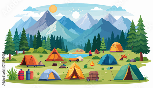 Charming camping adventures: colorful icons illustrating outdoor exploration and adventures camping in the mountains