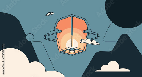 Floating Lantern in a Mountainous Landscape Illustration.