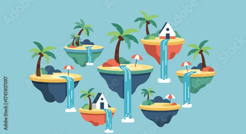 Floating islands with waterfalls and tropical trees in a serene environment.