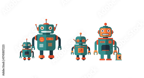 Four colorful robot toys standing together in a row on white background.