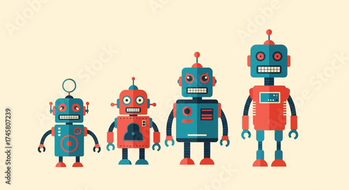 Four colorful retro robots standing in a line from smallest to largest.