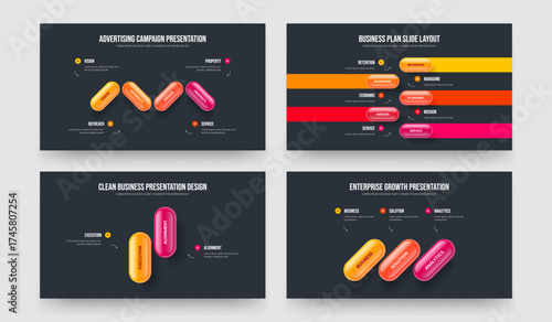 Visual Showcase Four Five Two Three Step Diagram Frame Layout Vector Illustration Collection. Product Portfolio 4 5 2 3 Element Infographic Presentation Design Set.