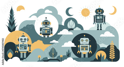 Four Unique Retro Robots Illustrated in a Modern Flat Style.