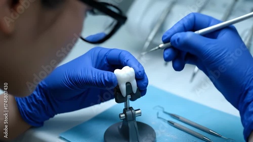 Dental Model Creation in a Lab - A dental technician is meticulously working on a dental model, focusing on a white tooth replica.