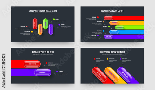 Financial Planning 4 5 2 3 Option Infographic Presentation Layout Collection. Modern Solution Four Five Two Three Element Diagram Slide Template Vector Illustration Set.