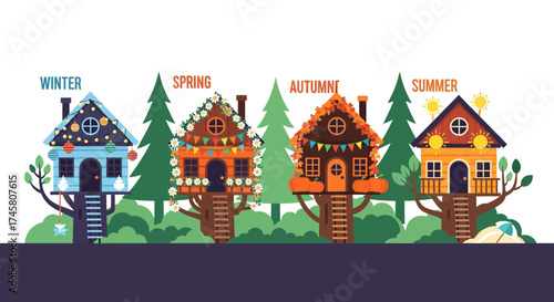 Four Whimsical Treehouses Representing The Seasons Of The Year.