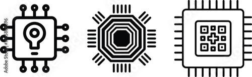 Collection of stylized computer chips microprocessors electronic components circuit boards symbols