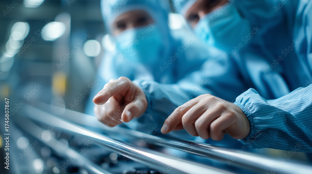 Obraz premium Two protective suits shoulder to shoulder pointing at stainless line faces cropped background defocused food factory sterile uniforms hygiene QA teamwork stainless steel