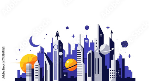 Futuristic Cityscape Illustration with Planets and a Rocket Ship.