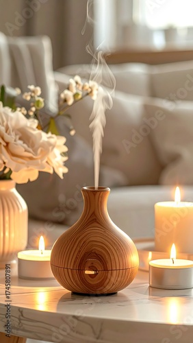 Wooden diffuser, soft light, subtle fragrance
