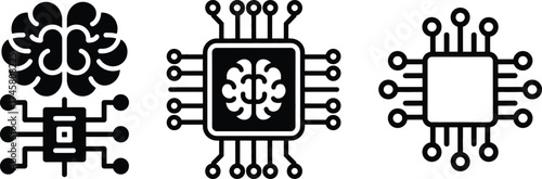 Set of three stylized icons depicting ai brain chips and microprocessors for technology concepts
