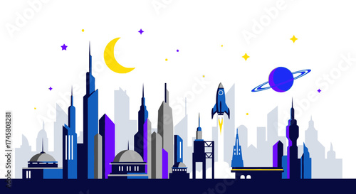 Futuristic Cityscape with Rocket Launch and Celestial Elements.
