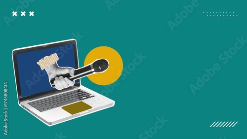 Collage art, a hand with a microphone protruding from a laptop