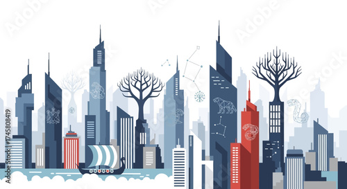 Futuristic Cityscape with Trees and Viking Ship Illustration.