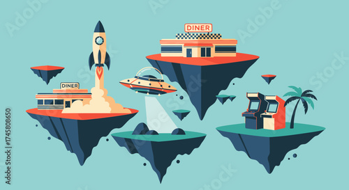 Futuristic floating islands with rocket ship and flying saucer.