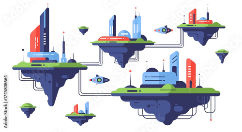 Futuristic Floating Islands with Modern Cityscapes and Flying Vehicles.