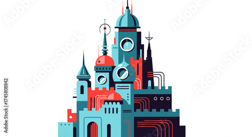 Futuristic Steampunk Castle Illustration.