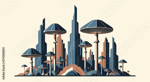 Futuristic mushroom city skyline with unique architecture.