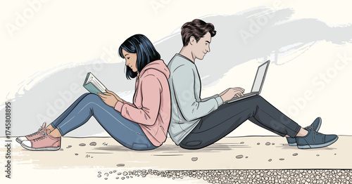 Young Couple Sitting Back to Back – Casual Lifestyle Moment Depicting Youthful Relationship, Modern Fashion, and Emotional Distance in Relaxed Outdoor or Studio Environment