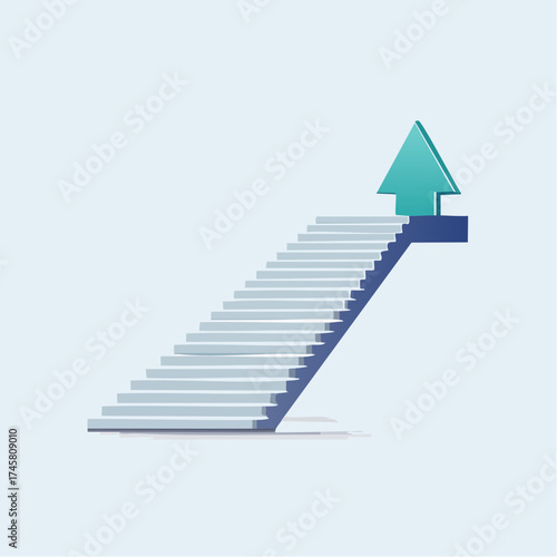 A long flight of stairs leading upwards with a teal arrow at the top, symbolizing progress, success, and ambition.