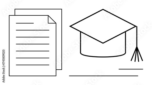 Graduation cap with tassel and documents symbolizing education, academic achievement, and certification. Ideal for learning, success, knowledge, diploma, career education scholarly progress. Simple