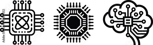 Icons representing quantum computing artificial intelligence and microchip technology innovation concept