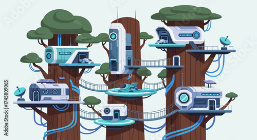 Futuristic treehouses in a vibrant, sustainable, and innovative community design.