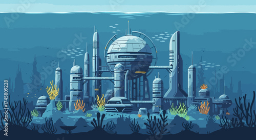 Futuristic underwater city with advanced architecture and marine life.