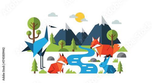 Geometric Animals in a Stylized Natural Landscape Scene.