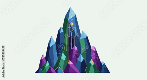 Geometric crystal mountain formation with a glowing magical entrance.