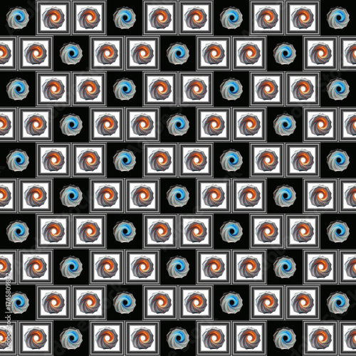Mesh of vortices and frames.
A geometric pattern features a grid of repeating elements on a black background. 