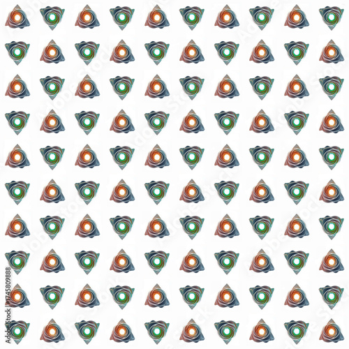 Repeating geometric shapes decorative arrangement.
A series of repeating geometric shapes arranged in a grid with an orange and green core.
