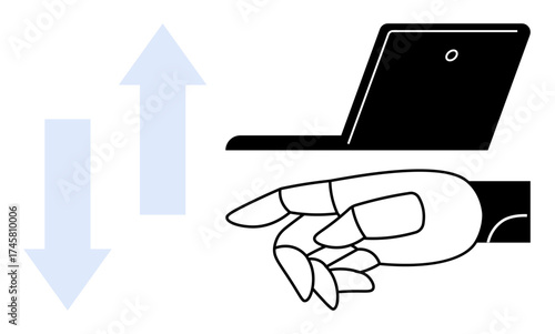 Robotic hand near a laptop with up and down arrows, symbolizing technology, innovation, AI, or automation. Ideal for tech trends, artificial intelligence, robotics, digital transformation