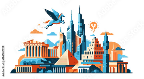 Graphic Illustration of Famous Landmarks and Mythology.