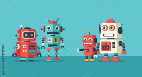 Group of diverse cartoon robots standing together.