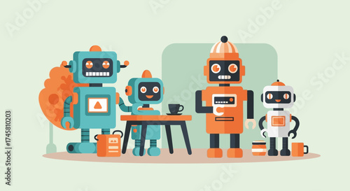 Group of robots gathering around a table for a meeting.