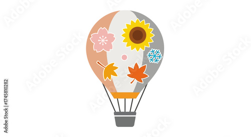 Hot Air Balloon Decorated with Four Seasons Symbols Illustration.