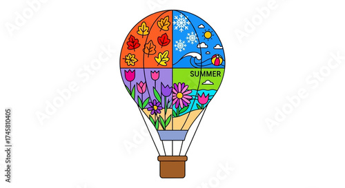 Hot Air Balloon Representing Four Seasons with Colorful Illustrations.