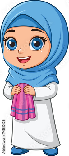 Adorable muslim girl cartoon character wearing blue hijab and white dress, smiling happily, holding pink cloth, islamic culture, arabic kid illustration, cute design