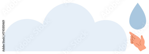 Cloud with soft contours and single raindrop next to human hand in gesturing position. Ideal for concepts thumbs up weather, precipitation, water cycle, environment, climate awareness
